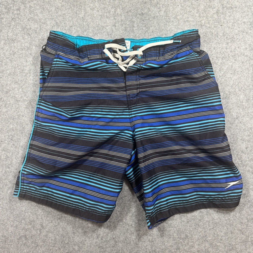 Speedo Striped Swim Trunks Medium Blue/Black Mesh Lined Board Shorts